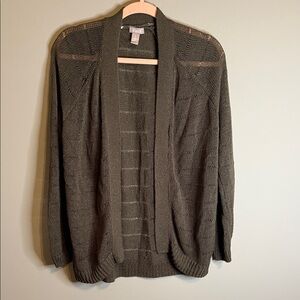 Chico's Olive Green Open Knit Cardigan Sweater 1‎ Coastal Grandmother Normcore